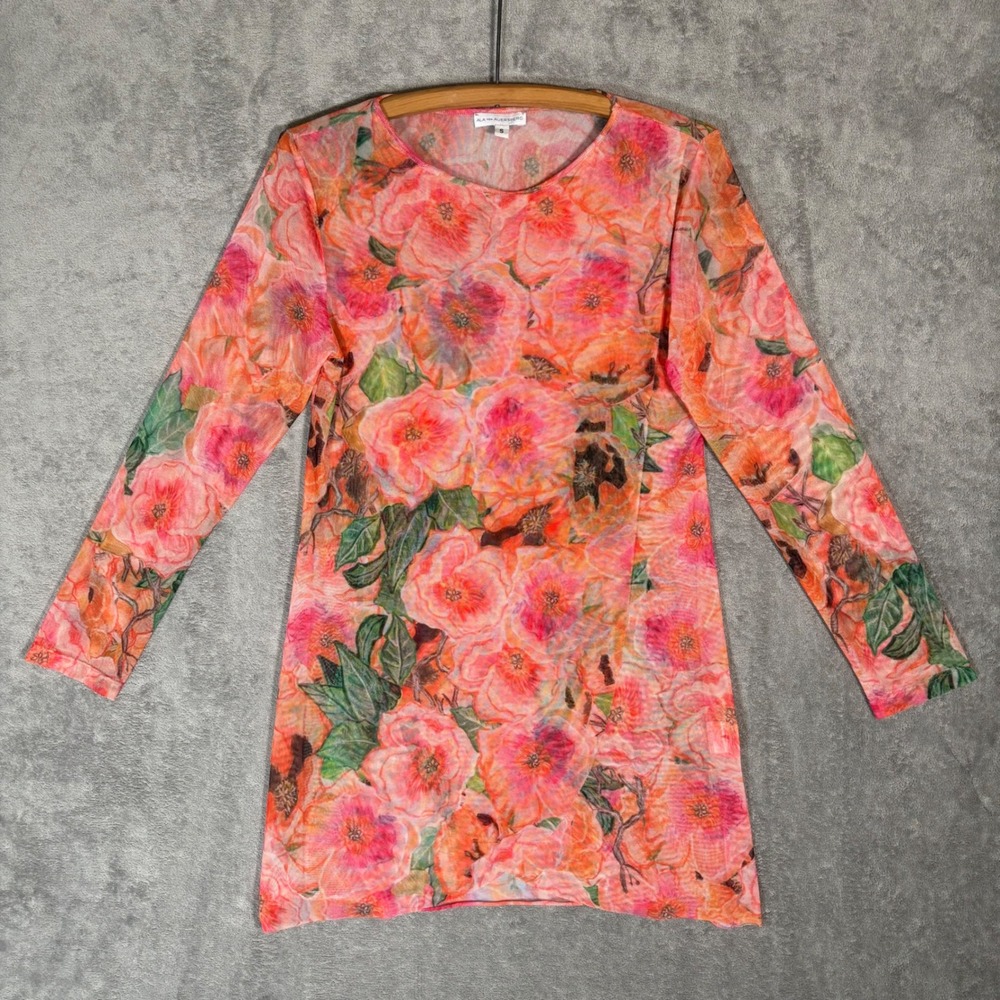 Ala von Auersperg Diane Sheer Pink Floral Mesh Long Sleeve Tunic Top Small USA